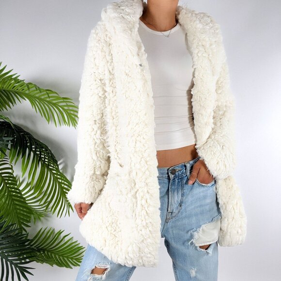 Womens Vintage Y2K Wonderly White Shaggy Sherpa Mid Length Faux Fur Coat / Large - Picture 5 of 8